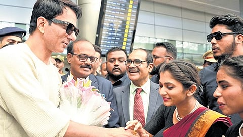Actor Sonu Sood is accorded a grand welcome on his arrival in Hyderabad on Tuesday for the Miss World pageant