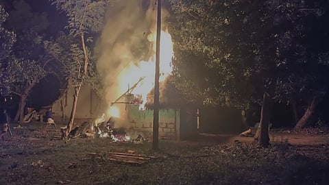 A hut belonging to Dalit family and a two-wheeler were allegedly set on fire by miscreants during a clash between two groups in Vadakadu village, near Alangudi in Pudukkottai district of Tamil Nadu.