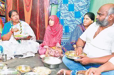Panchayat Raj & Rural Development Minister Dansari Anasuya at the residence 
of fine rice scheme beneficiary in Begumpet, Hyderabad on Tuesday 