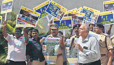 TGANB Director Sandeep Shandilya speaks during the launch of the awareness campaign at ICCC in Hyderabad on Tuesday