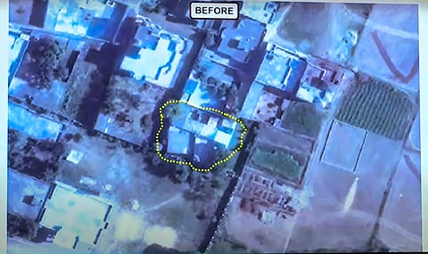 In this screenshot from @MEAIndia via YouTube on May 7, 2025, A target struck as part of 'Operation Sindoor', being displayed during a press conference, in New Delhi.