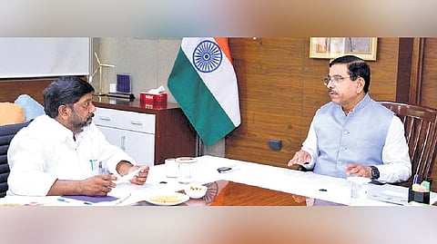 Deputy Chief Minister Mallu Bhatti Vikramarka with Union Minister for New and Renewable Energy Pralhad Joshi in New Delhi on Tuesday