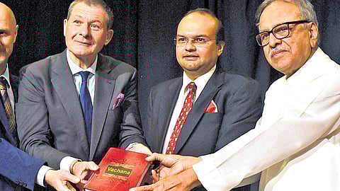 Director Alliance Francaise de Bangalore Jean-Marc Dépierre, Consul General of France in Bengaluru Marc Lamy, President of Alliance Francaise de Bangalore Dr Chinmaya P Chigateri and President of Basava Samithi Aravind Jatti release ‘Vachanas in French’ on Wednesday 