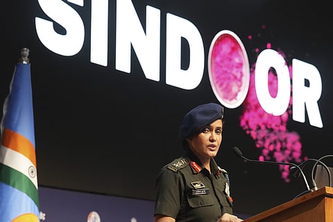 In this image from May 7, 2025, Colonel Sofiya Qureshi addresses a press conference regarding 'Operation Sindoor', in New Delhi.
