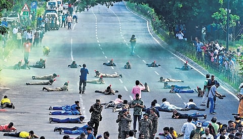 A civil defence mock drill underway at Rajmahal Square