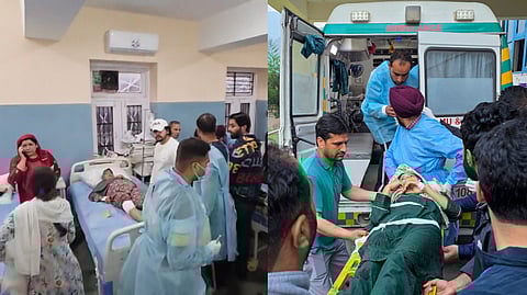 Civilians injured in Pakistani shelling receive treatment at a hospital at Uri, in Baramulla district, J&K, Wednesday.