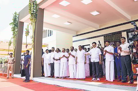 CM M K Stalin, Minister Anbil Mahesh Poyyamozhi and others during inauguration of the Government Model School in Thuvakudi on Thursday 