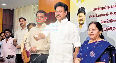 School Education Minister Anbil Mahesh Poyyamozhi releasing the Class 12 exam results at the Anna Centenary Library Auditorium in Chennai 