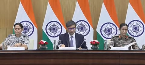Foreign Secretary Vikram Misri, Colonel Sofiya Qureshi and Wing Commander Vyomika Singh addressing a special media briefing on May 8, 2025. 