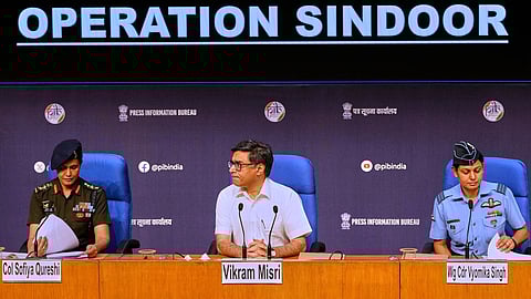 Foreign Secretary Vikram Misri (center) with Colonel Sofiya Qureshi (left) and Wing Commander Vyomika Singh at an Operation Sindoor briefing.