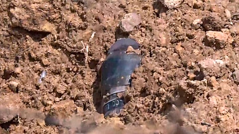 A bomb-like object that was found in the Kishanghat area of Jaisalmer, Rajasthan, on Friday, May 9, 2025.