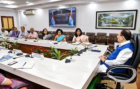 Union Health Minister J P Nadda during a meeting with senior officials of the ministry to review health infrastructure preparedness across hospitals in the country amid the ongoing India-Pakistan military conflict.