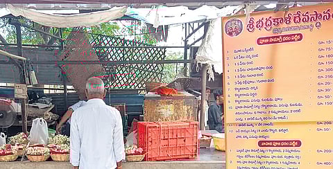 Shopkeepers display maximum retail price (MRP) of items after raids by Bhadrakali temple authorities on Friday