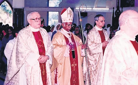 Fr Robert Prevost, the-then Prior General of OSA (second from right), during the ordination ceremony of six deacons as priests in 2004.
