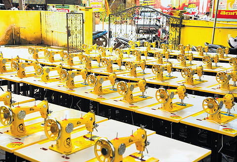 The yellow sewing machines, which were distributed to women in Mangalagiri, by HRD and IT Minister N Lokesh