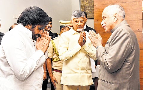 CM Chandrababu Naidu and Deputy CM Pawan Kalyan greet Governor S Abdul Nazeer at Raj Bhavan