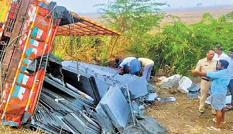 Three people died in a road accident when a tractor carrying granite slabs overturned in Thimmarajupalem village in Bapatla district on Saturday morning. 