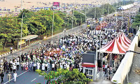 The solidarity rally on Saturday concluded at the War Memorial, where Stalin and other leaders paid floral tributes to portraits of Indian Army martyrs. Later, armed forces personnel presented the CM with a framed photo of the national flag.