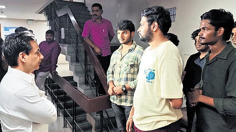 Resident Commissioner Gaurav Uppal interacts with students who reached the Telangana Bhavan in New Delhi on Saturday 