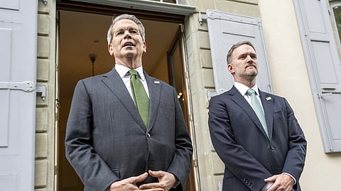 US Secretary of the Treasury Scott Bessent, left, and US Trade Representative Jamieson Greer meet the media on the second day of a bilateral meeting between the United States and China, in Geneva, Switzerland, Sunday, May 11, 2025. 