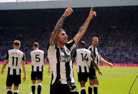 Newcastle United's Sandro Tonali celebrates scoring his side's first goal of the game, during the English Premier League football match between Newcastle United and Chelsea at St James' Park, in Newcastle, England, Sunday May 11, 2025.