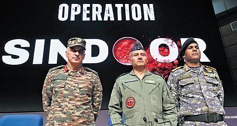 Director General of Military Operations (DGMO) Lt General Rajiv Ghai (Left) with Air Marshal AK Bharti (Centre) and Vice Admiral AN Pramod, Operation Sindoor