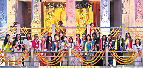 Miss World 2025 contestants at Buddhavanam in Nagarjunasagar on Monday