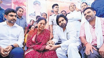 Deputy CM Pawan Kalyan and HRD Minister Nara Lokesh condole parents of Murali Naik in Anantapur district on Sunday.