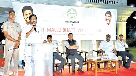 Deputy Chief Minister and Energy Minister Mallu Bhatti Vikaramarka addresses electricity employees at Praja Bhavan in Hyderabad on Monday