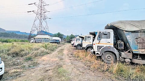 The fly ash-laden trucks seized by the Sambalpur police on Monday 