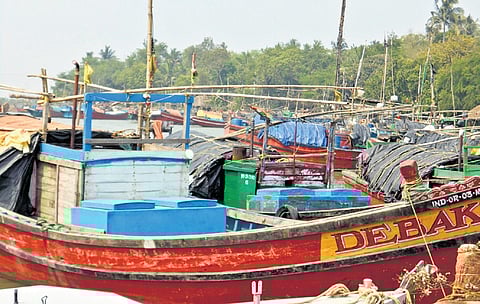 Fishing boats anchored at Kharinashi fishing jetty in Kendrapara district.