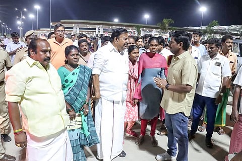 Minister KN Nehru along with Collector M Pradeep Kumar paid a surprise visit to the bus terminal on Sunday night and interacted with people 
