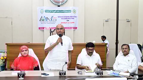 GMC Mayor K RAvindra addressing a stakeholder meeting on the progress of various water projects under AMRUT 2.0 in Guntur city. 