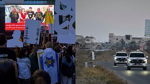 People watch a live broadcast of Israeli-American soldier Edan Alexander as he is released from Hamas captivity in Gaza, at a plaza known as the hostages square in Tel Aviv, Monday, May 12, 2025