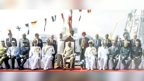 The Navy veterans of 1971 Indo-Pakistan war who took part in Operation Trident with former President Ramnath Kovind. Commodore A D Rao standing fourth from right