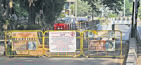 Traffic police block the entrance of the Cauvery Junction underpass 