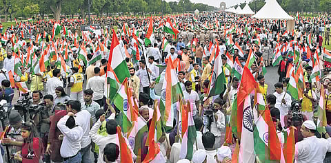 People take part in the ‘Tiranga Yatra’ from Kartavya Path to the National War Memorial on Tuesday 