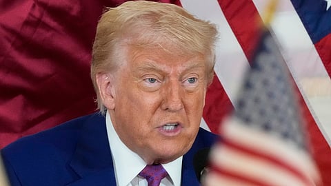 US President Donald Trump speaks during a business roundtable, attended by Sheikh Saoud bin Abdulrahman bin Hassan bin Ali Al Thani,Thursday, May 15, 2025, in Doha, Qatar.