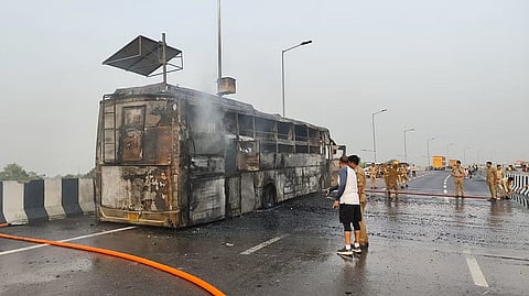 The incident took place around 5 a.m. on the Outer Ring Road, the Kisan Path, near Mohanlalganj. After being engulfed in flames, the bus continued to travel for at least one kilometre.
