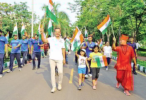 JSP chairman Naveen Jindal leading the Tiranga Yatra on Thursday 