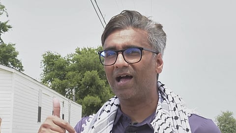 Badar Khan Suri, a Georgetown University scholar from India, speaks after he was released from immigration detention facility Wednesday, May 14, 2025, in Alvarado, Texas.