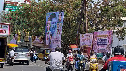 Illegal hoardings on the roadside near Thanjavur railway junction 