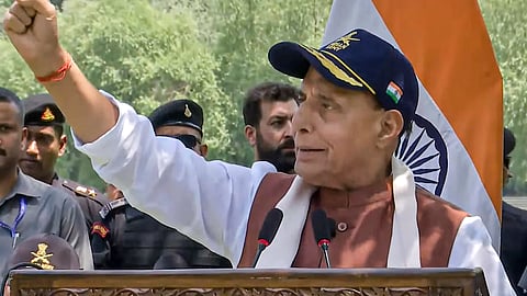  In this screenshot taken from @rajnathsingh via X on Thursday, May 15, 2025, Defence Minister Rajnath Singh addresses the soldiers at Badami Bagh Cantt, in Srinagar.