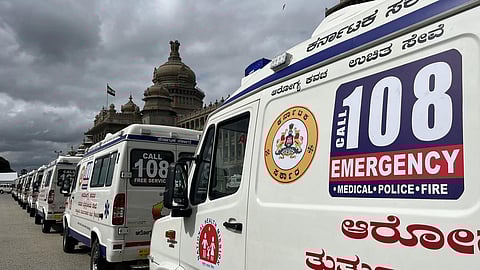 A file photo of ‘108’ Arogya Kavacha ambulances in Bengaluru. 