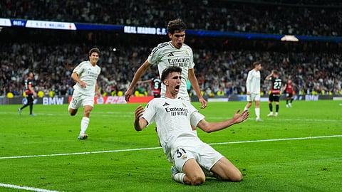 Jacobo Ramon of Real Madrid celebrates scoring his team’s second goal during the La Liga match against RCD Mallorca