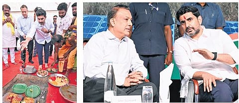 Minister for Education, IT, and Electronics Nara Lokesh lays the foundation for the ReNew hybrid renewable energy project at Bethapalli village in Anantapur district on Friday. (Right) ReNew Power CEO Sumanth Sinha with Lokesh 