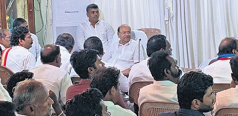PMK founder S Ramadoss with party functionaries at his house on Friday