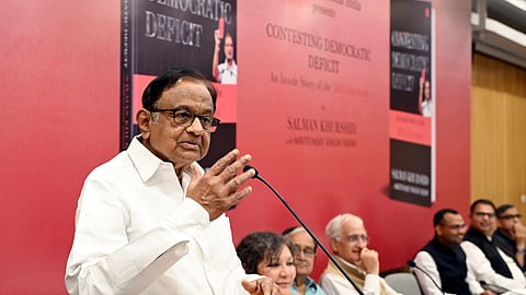  Congress leader P. Chidambaram addresses the gathering during the book launch event of 'Contesting Democratic Deficit: An Inside Story of the 2024 Elections', at Kamala Devi Complex in New Delhi on Thursday. Congress leader Salman Khurshid and others also seen.