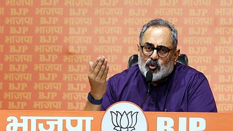 Kerala BJP chief Rajeev Chandrasekhar speaks to the media from the party headquarters in Delhi.