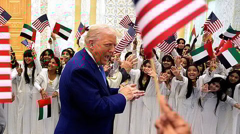 US President Donald Trump arrives at Qasr Al Watan, Thursday, May 15, 2025, in Abu Dhabi, United Arab Emirates. 